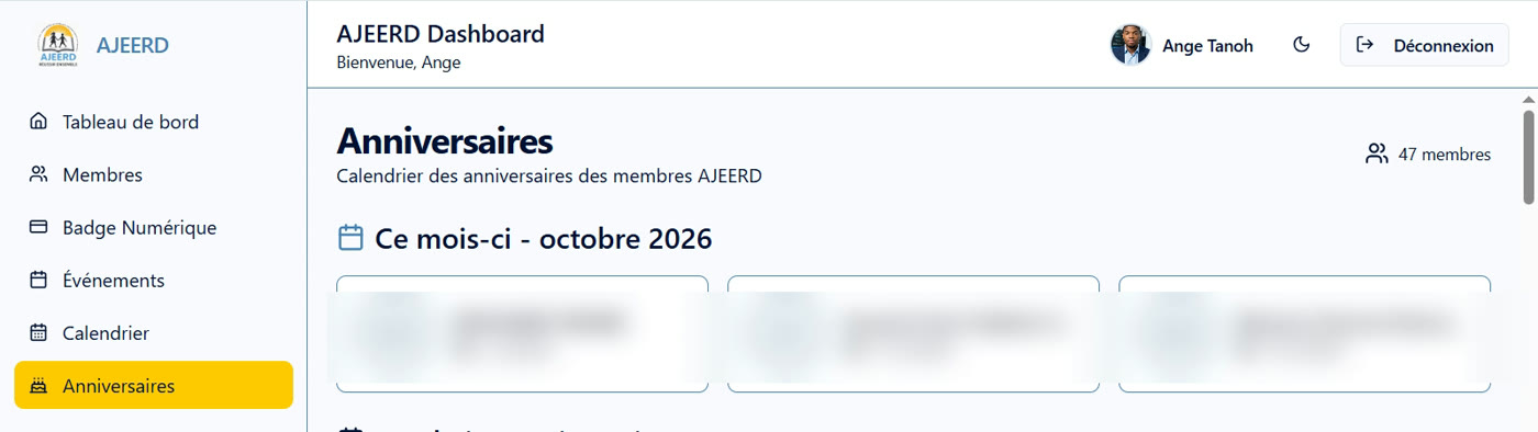 Calendrier des anniversaires des membres