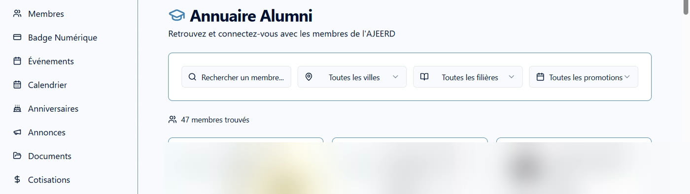 Annuaire alumni avec recherche par ville, filière et promotion