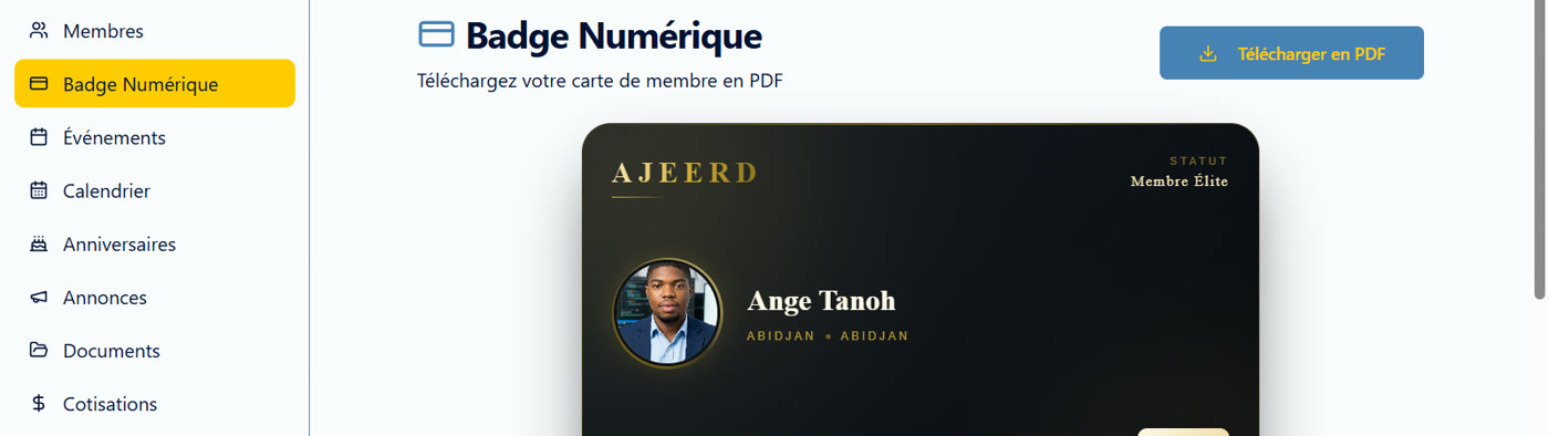 Badge numérique du membre, à télécharger en PDF