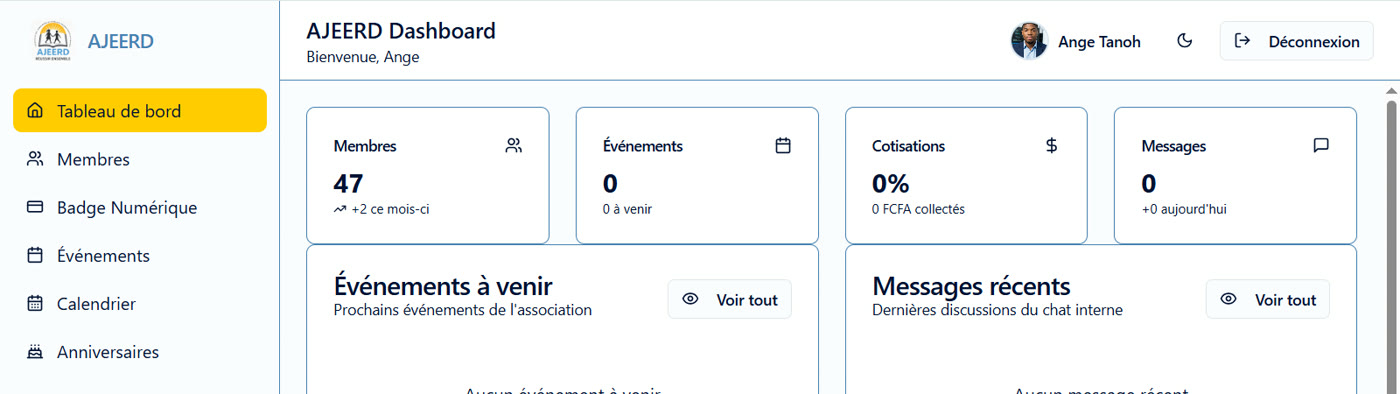 Tableau de bord d'AJEERD Connect : membres, événements, cotisations et messages