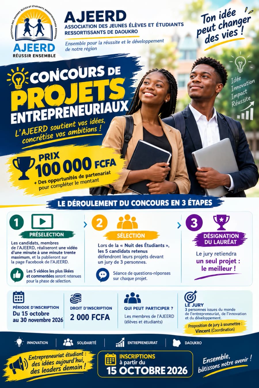 Affiche du Concours de Projets Entrepreneuriaux : prix de 100 000 FCFA, inscriptions du 15 octobre au 30 novembre 2026